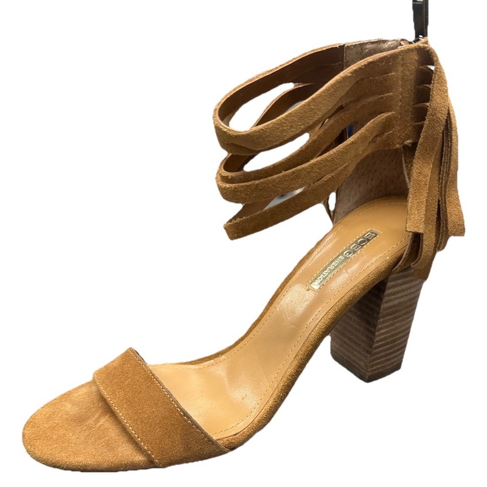 BCBG High Heels Size 8 Suede Camel Boho Western Fringed Zip Closure Open Toe